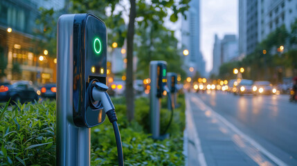 Electric vehicle charging station with green energy display, urban street, evening, eco friendly, modern city
