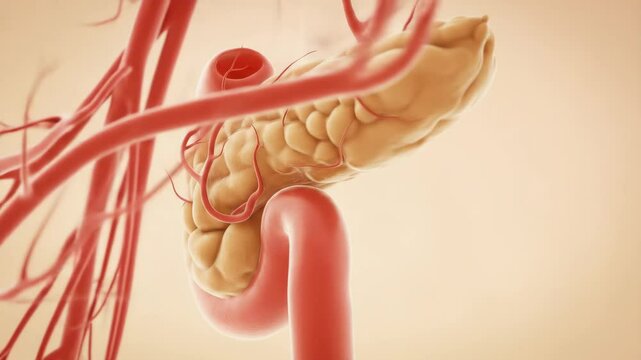 Detailed illustration of the human pancreas with blood vessels and anatomical structures for medical education or textbook purposes