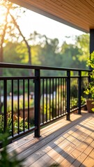 Fototapeta premium Serene Sunset View from Modern Deck Railing.