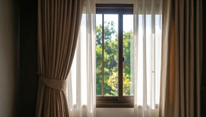 Fototapeta premium Sunlit Window with Sheer and Drape Curtains Serene Home Interior.