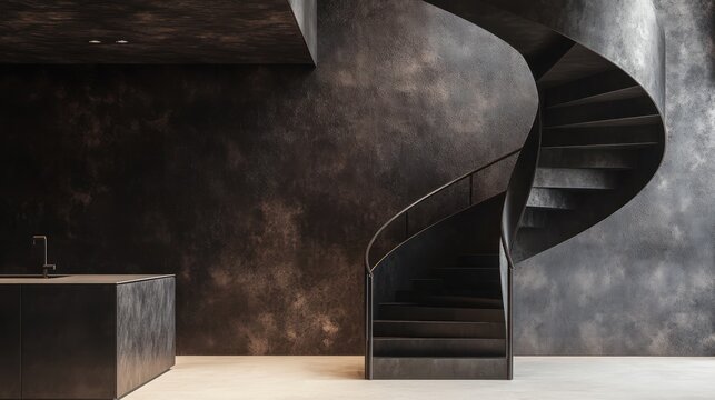 Dark, moody interior features a spiral staircase and mottled wall finish and kitchen