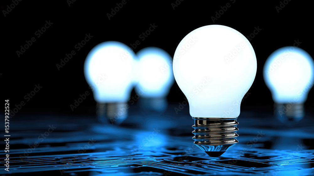 Poster Cluster of glowing light bulb hovering over circuit board, futuristic technology innovation concept