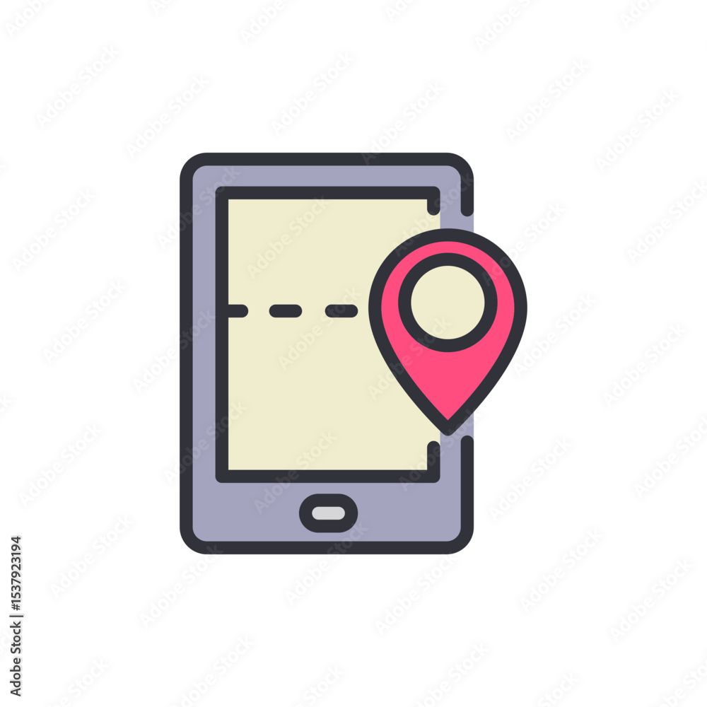 Poster navigation app on a phone with pink location pointer and route