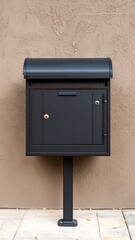 Modern Black Postbox Against Tan Wall Exterior Design.