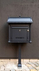 Elegant Black Mailbox on Stand Against Dark Wall.