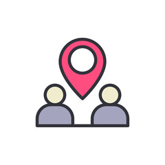 Meeting Point Icon Featuring People And Location Pin In Pink Color