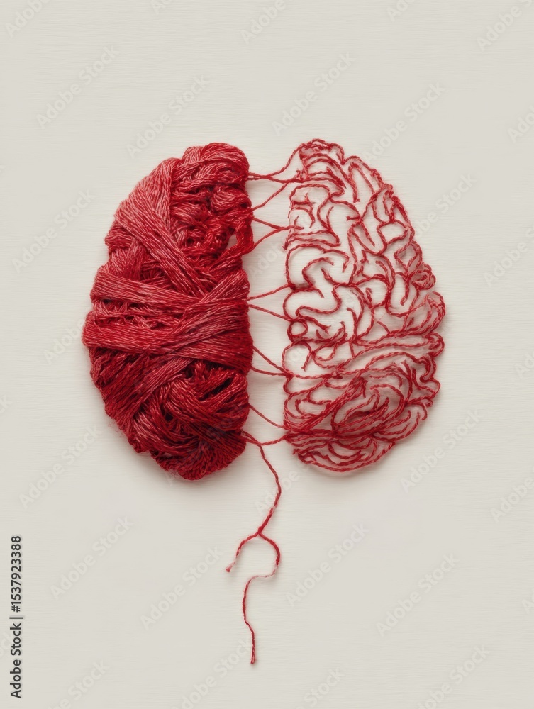 Aufkleber Connection Between Heart and Brain Represented by a Torn Red Thread Expressing Emotions and Thoughts With a Calm Background