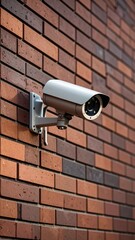 Security Camera Mounted on Brick Wall Surveillance System.
