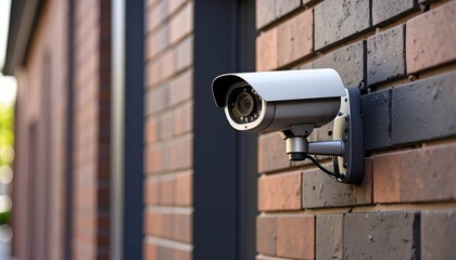 Modern Security Camera Mounted on Brick Wall Exterior Surveillance System.