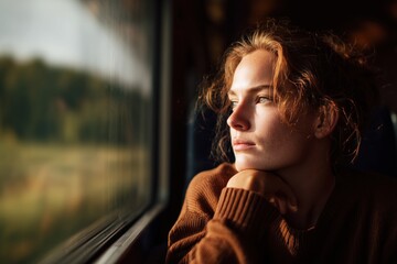 A person looking out the window of a moving train, travel storytelling concept