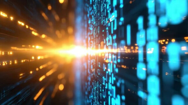 Digital data stream with glowing blue and orange binary code, abstract futuristic technology background featuring dynamic light glow, motion, and energy in vibrant digital code environment