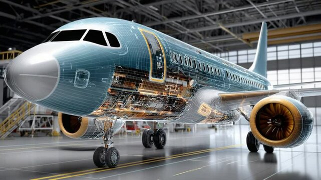 Engineering Marvel: An airplane cutaway reveals intricate details of its internal structure, showcasing the ingenuity and precision of its design and mechanics.