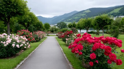 Obraz premium Pathway winding through vibrant rose bushes in a picturesque park
