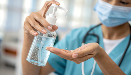 Healthcare Worker Using Hand Sanitizer in Clean Hospital Environment