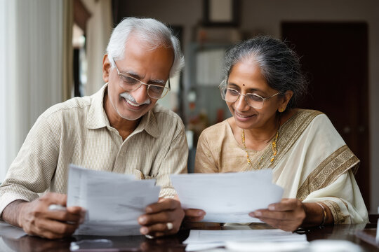 elderly indian couple reviewing checking documents at home