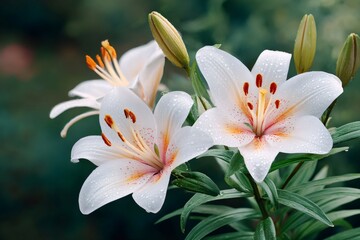 Obraz premium White lilies blooming in summer garden with water drops