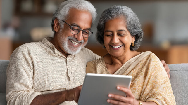 elderly indian couple using tablet at home