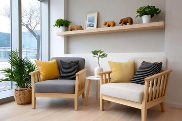 Comfortable waiting room with armchairs and wooden shelf displaying bear statues