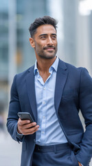 Fototapeta premium young handsome businessman holding smartphone