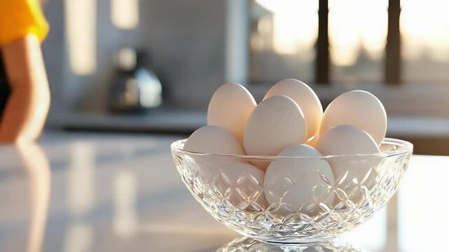 A bowl filled with white eggs, with a blurred figure in the background and bright lighting.