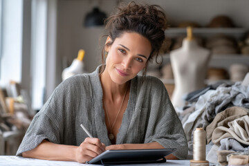 indian female fashion designer sketching outfits on a digital tablet