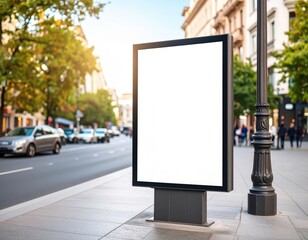 Fototapeta premium Blank billboard on city sidewalk with blurred traffic and ornate lamppost
