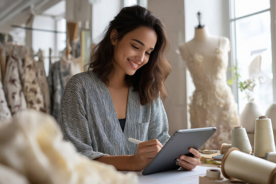 indian female fashion designer sketching outfits on a digital tablet