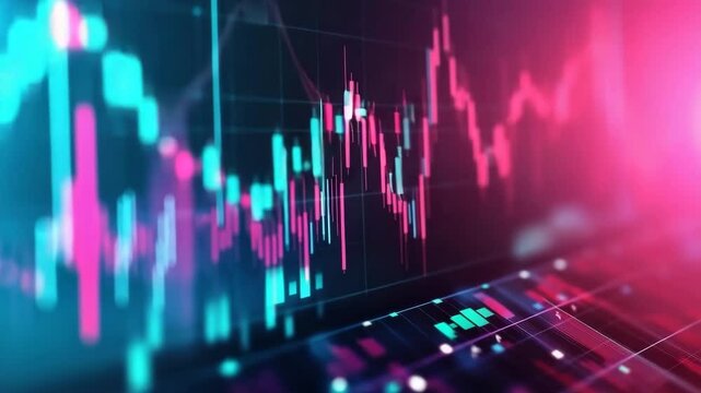 Colorful digital stock market chart with candlestick patterns and data visualization showing financial trends and analysis combined with glowing pink and blue candlestick graph displaying market - Powered by Adobe