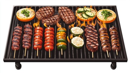 Assorted Grilled Meats And Vegetables On A Charcoal Barbecue Grill With Flames Underneath Over White Background