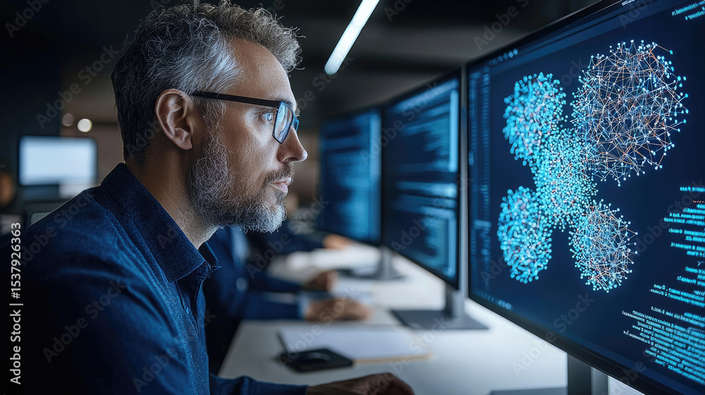 Poster Focused man analyzing digital twin data visualization on computer screen in modern office at night