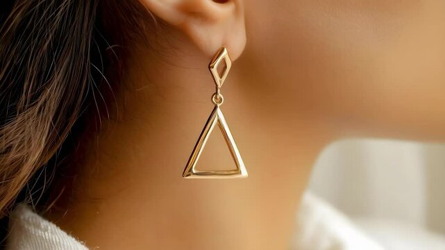 A close-up of a gold geometric earring shaped like a triangle, worn by a person with long hair.