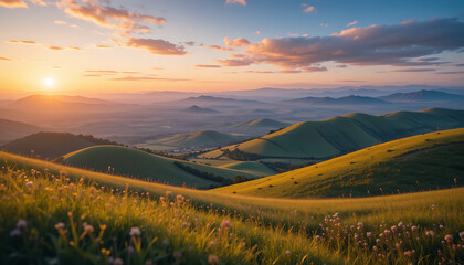 Golden Hour Panorama of Rolling Hills and Meadows