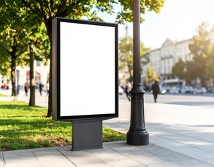 Blank Billboard on City Sidewalk with Trees and Pedestrians in Background