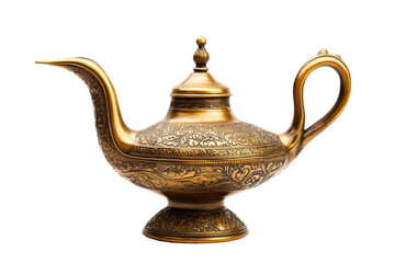 Ornate Golden Genie Lamp with Intricate Engravings isolated on transparent white background, clipping path