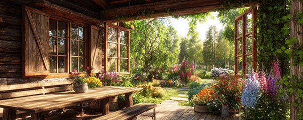 Rustic cabin porch with wooden table and bench overlooking vibrant flower garden in the summer sun