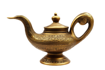 Ornate Golden Genie Lamp with Intricate Engravings isolated on transparent white background, clipping path