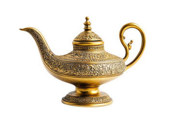 Ornate Golden Genie Lamp with Intricate Engravings isolated on transparent white background, clipping path