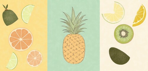 retro fruit posters set with kiwi lime pineapple and lemon