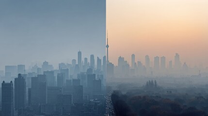 Visual Comparison of Clean Air and Polluted Air Environments Showcasing Urban Landscapes at Different Times