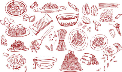 Hand drawn Italian pasta vector set in vintage doodle sketch style. Includes spaghetti, penne, ravioli, macaroni, fusilli, farfalle. Perfect for restaurant menu, packaging, poster, and kitchen decor.