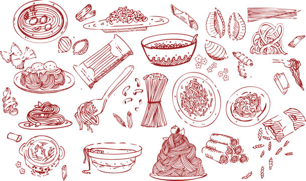 Hand drawn Italian pasta vector set in vintage doodle sketch style. Includes spaghetti, penne, ravioli, macaroni, fusilli, farfalle. Perfect for restaurant menu, packaging, poster, and kitchen decor.