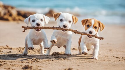 Three puppies holding a stick, walking on a sandy beach with a blurred ocean background