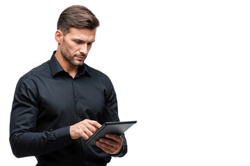 Professional businessman in black shirt using a tablet, focused on screen, isolated on transparent background