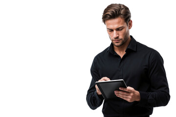 Focused businessman using a digital tablet for working, isolated on transparent background, Modern technology, concentration, and productivity concept