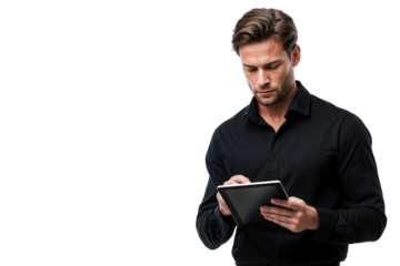 Focused businessman using a digital tablet for working, isolated on transparent background, Modern technology, concentration, and productivity concept