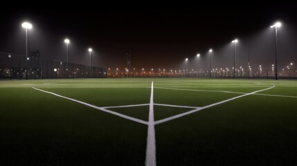 Empty artificial-turf soccer field illuminated by bright floodlights at night, marked with white lines, center circle, penalty areas, goal boxes, enclosed by chain-link fence, cityscape in background.