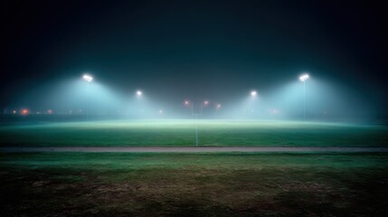 Nighttime sports field illuminated by bright floodlights, misty atmosphere, green grass, distant goalpost, red lights, dirt strip, quiet mysterious ambiance.