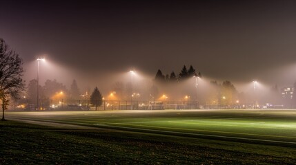 Nighttime sports field shrouded in thick fog with well-manicured green turf, white and yellow lines, tall floodlights piercing mist, silhouettes of trees and buildings, eerie calm atmosphere.