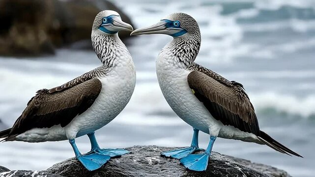 Two blue-footed booby birds standing on a rock by the ocean.