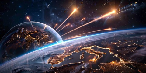 Missiles approaching earth protected by golden dome shield